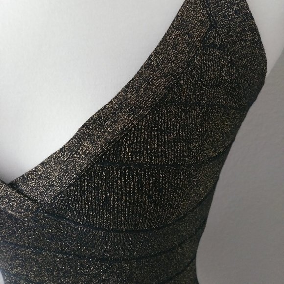 Guess Bodycon V-neck Black Gold Dress LBD Small - Picture 5 of 12